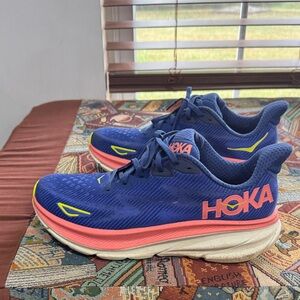 Hoka Vibrant Blue and Coral Athletic Shoes